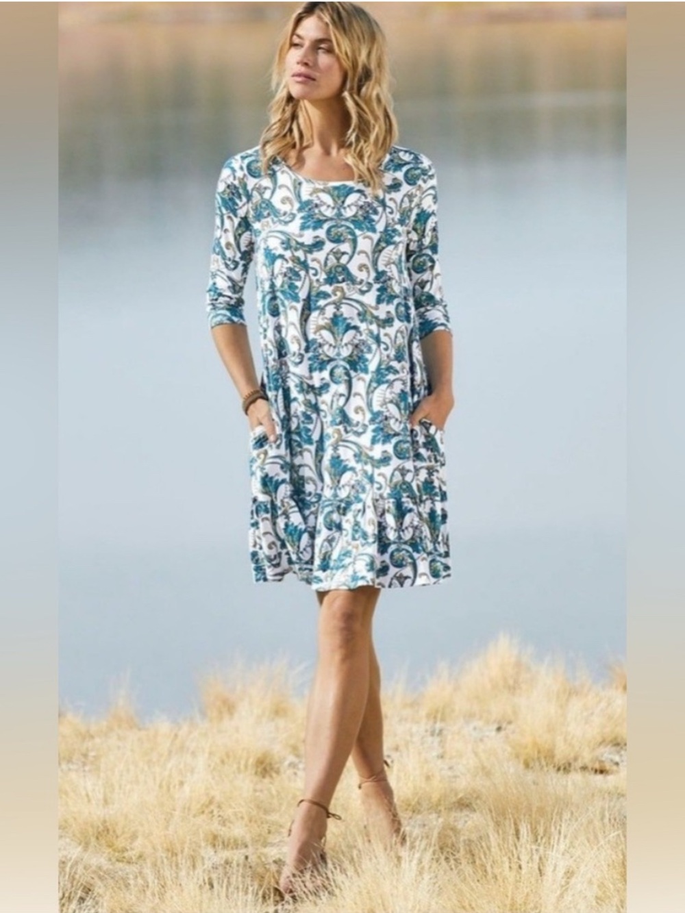 Peruvian Connection Blue, White and Gold Acanthe Mini Dress, Size Small
